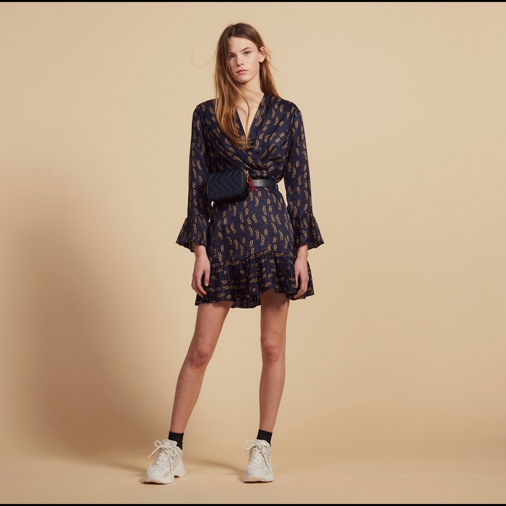 Sandro V-Neck Bell Sleeve Wrap Mini Dres